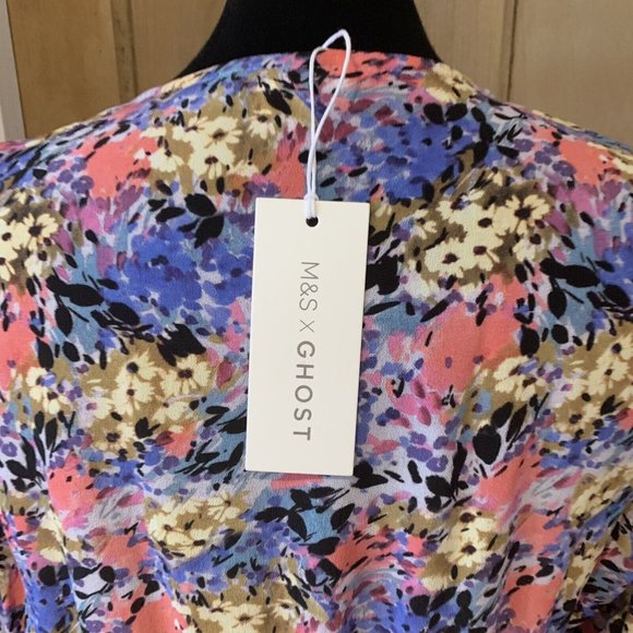 023 - M&S X GHOST Floral Fixed Wrap Top UK 12 V Neck Long Sleeve Shirred NEW - Picture 6 of 8